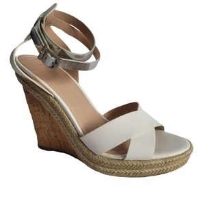 CHARLES white silver ankle strap cork espadrille wedge heeled sandals